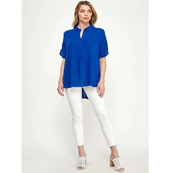 Oversized Short Sleeve Shirt Hi-Lo Rolled Sleeves V-Neck Collar Royal Blue - Picture 6 of 6